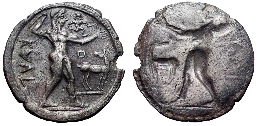 Bruttium, Kaulonia AR Stater. Circa 525-500 BC. Apollo advancing right, holding branch; small daimon