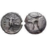 Bruttium, Kaulonia AR Stater. Circa 525-500 BC. Apollo advancing right, holding branch; small daimon