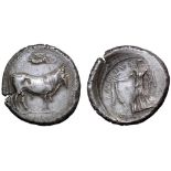 Sicily, Katane AR Tetradrachm. Circa 465-450 BC. The river god Amenanos as a bearded, man-headed