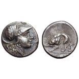 Lucania, Velia AR Hemidrachm. Circa 305-290 BC. Head of Athena right, wearing Corinthian helmet