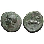 Sicily, Solous Æ22. Circa 400-350 BC. Male head left, wearing Attic helmet, Punic letter below /