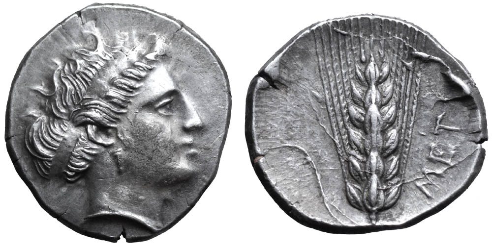 Lucania, Metapontion AR Stater. Circa 350 BC. Head of Demeter right, wearing drop earring, hair