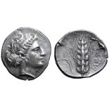 Lucania, Metapontion AR Stater. Circa 350 BC. Head of Demeter right, wearing drop earring, hair