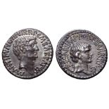 Marc Antony and Octavian AR Denarius. M. Barbatius Pollio, quaestor pro praetore. Military mint