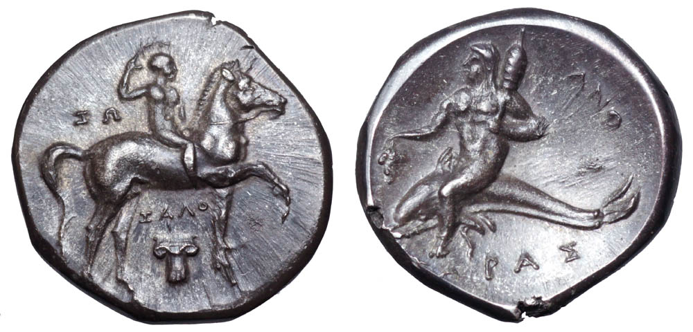 Calabria, Tarentum AR Nomos. Circa 280-272 BC. Youth on horseback right, crowning himself; IΩ to