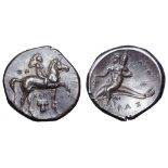 Calabria, Tarentum AR Nomos. Circa 280-272 BC. Youth on horseback right, crowning himself; IΩ to