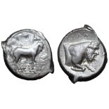 Sicily, Gela AR Tetradrachm. Circa 420-415 BC. Charioteer, holding kentron and reins, driving slow