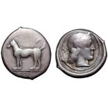 Sicily, Segesta AR Didrachm. Circa 480-410 BC. Hound standing left / Head of the nymph Segesta