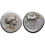 Campania, Neapolis AR Didrachm. Circa 300-275 BC. Diademed head of Parthenope right, wearing pendant