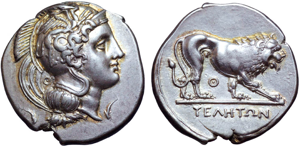 Lucania, Velia AR Stater. Circa 340-334 BC. Helmeted head of Athena right, bowl decorated with