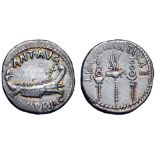 Marc Antony AR Denarius. Patrae(?), 32-31 BC. Galley to right; ANT•AVG above, III•VIR•R•P•C