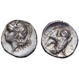 Calabria, Tarentum AR Drachm. Circa 281-272 BC. Head of Athena left, wearing crested helmet