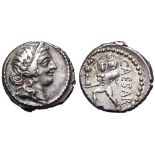 Julius Caesar AR Denarius. African mint, 47-46 BC. Diademed head of Venus right / Aeneas advancing