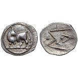 Lucania, Sybaris AR Obol. Circa 530-510 BC. Bull standing left, head right / Large M V; three