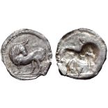 Lucania, Sybaris AR Obol. Circa 530-510 BC. Bull standing left, head right / Incuse of obverse.