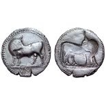 Lucania, Sybaris AR Stater. Circa 530-510 BC. Bull standing left, head right; VM in exergue / Incuse