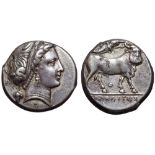 Campania, Neapolis AR Stater. Circa 320-300 BC. Head of nymph right; grape bunch behind, O below /