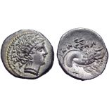 Cisalpine Gaul AR Drachm. 2nd century BC. Female head right / ‘Scorpion’ type lion to right, garbled