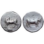 Lucania, Laos AR Stater. Circa 480-460 BC. Man-headed bull left, head reverted; ΛAΣ (retrograde)