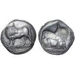 Lucania, Sybaris AR Stater. Circa 530-510 BC. Bull standing left, head right; VM in exergue / Incuse