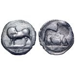 Lucania, Sybaris AR Stater. Circa 530-510 BC. Bull standing left, head right; VM in exergue / Incuse