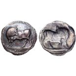 Lucania, Sybaris AR Stater. Circa 530-510 BC. Bull standing left, head right; VM in exergue / Incuse