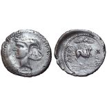 Kings of Mauretania, Bogud AR Denarius. 49-38 BC. Uncertain mint, circa 47-46 BC. Head of Africa