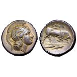 Lucania, Thourioi AR Distater. Circa 350-300 BC. Head of Athena right, wearing Attic helmet