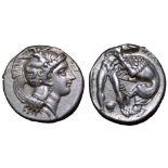 Lucania, Herakleia AR Stater. Circa 330 BC. Head of Athena right, wearing single-pendant earring,