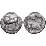 Lucania, Sybaris AR Drachm. Circa 530-510 BC. Bull standing left, head right; MV retrograde in