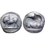 Lucania, Sybaris AR Stater. Circa 530-510 BC. Bull standing left, head right; VM in exergue / Incuse