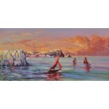 William Cunningham - RED SAILS - Oil on Board - 7 x 14 inches - Signed