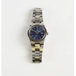 An Omega automatic ladies stainless steel wrist watch, the blue dial with luminous batons and hands,