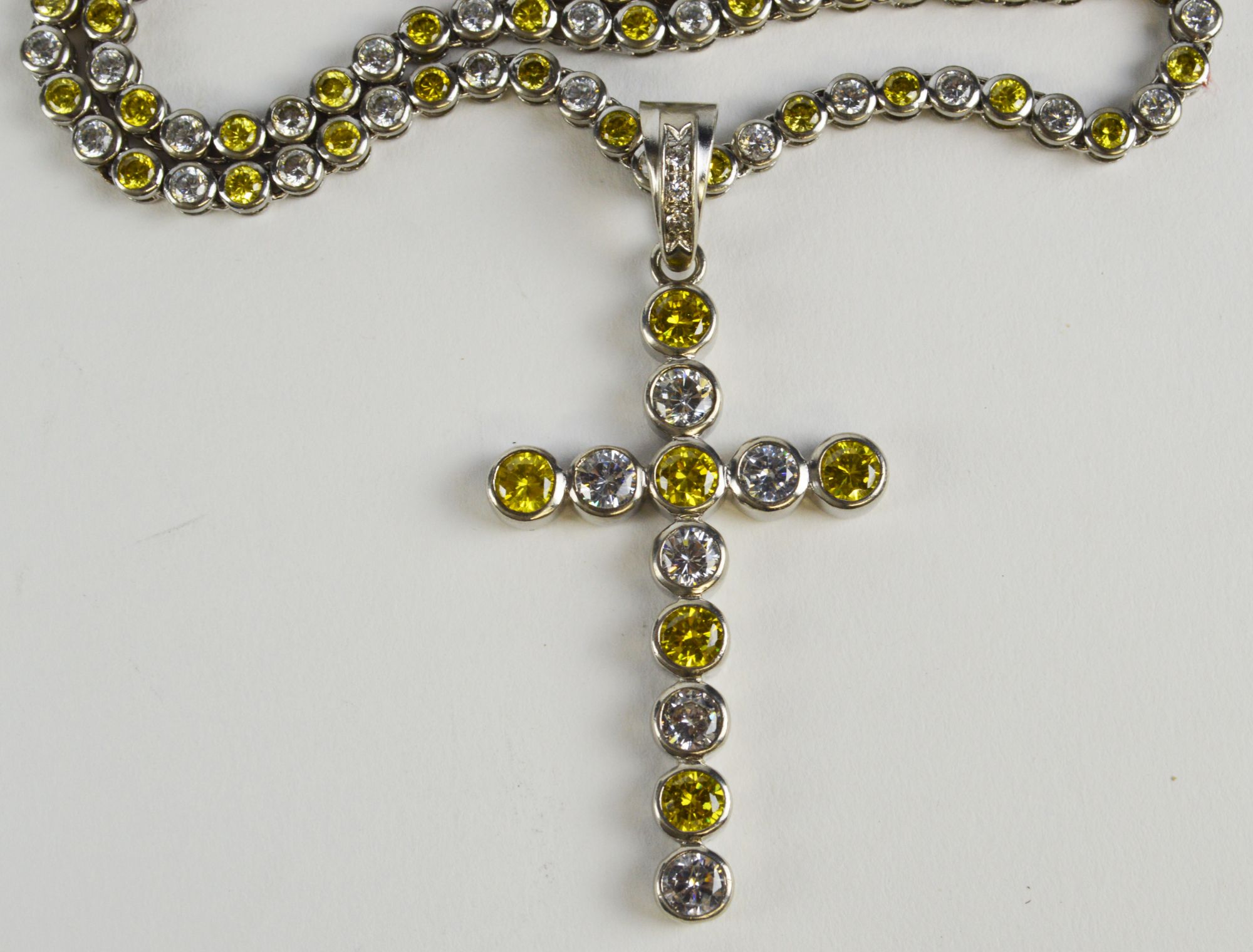 A large and impressive silver and crystal cross pendant and chain, - Image 2 of 3