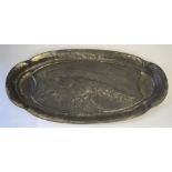 An Art Nouveau pewter fish platter, stamped Minerva, cast in relief with  a central crayfish,