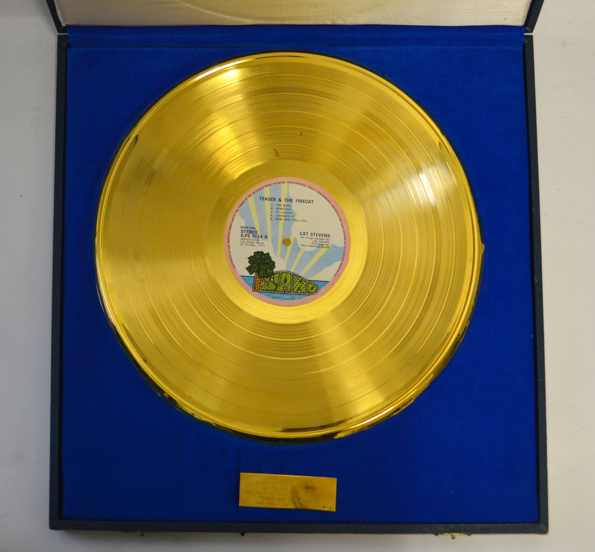 Cat Stevens; a 'Gold Disc Award' presented by Trutone (PTY) LTD.