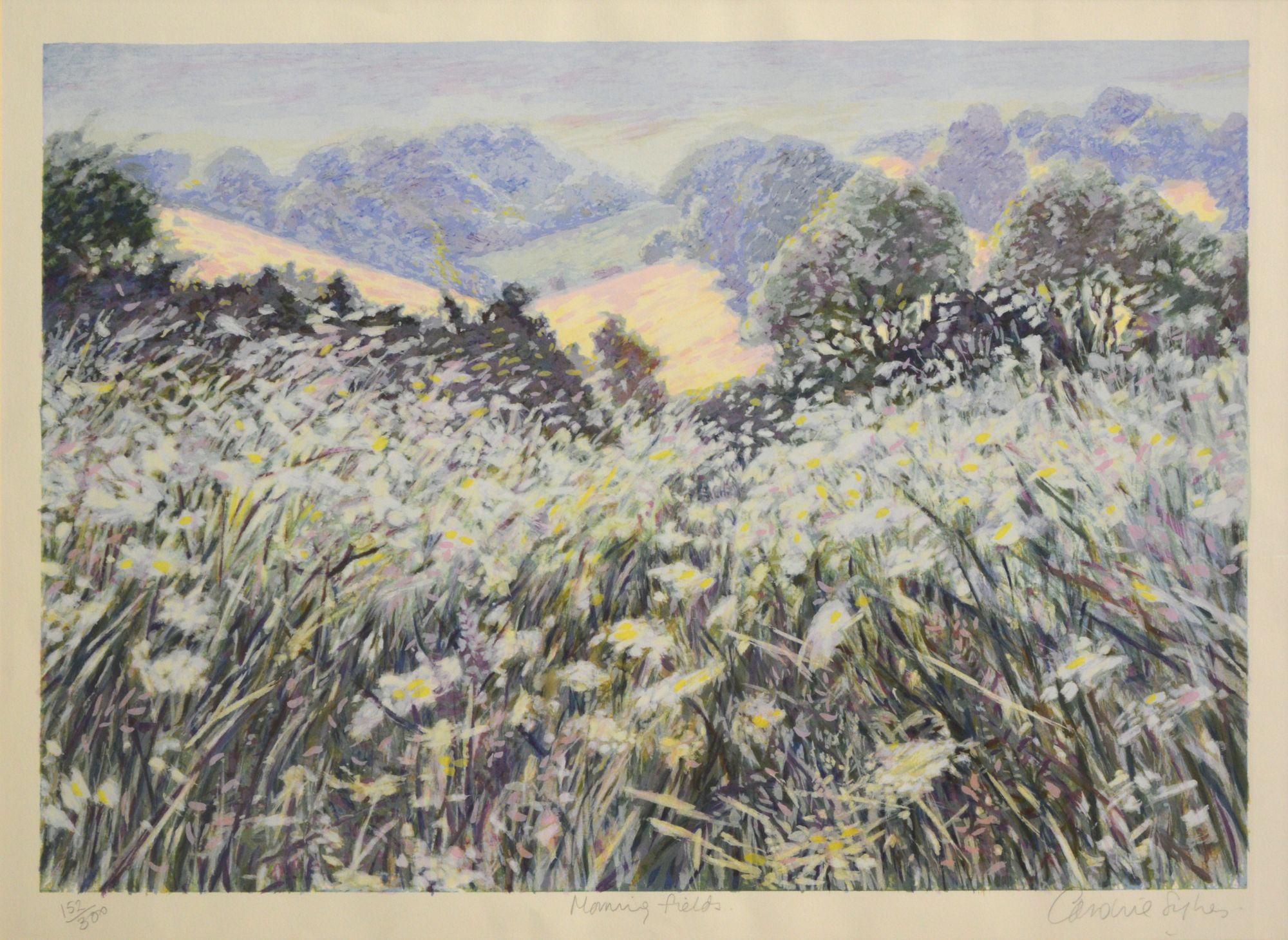 Caroline Sykes, British 20th/21st century- "Morning Fields"; lithograph in colours, signed, titled,