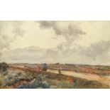 Claude Hayes RI ROI, Irish 1852-1922- Landscape with fieldworker; watercolour, signed, 30.5x49cm