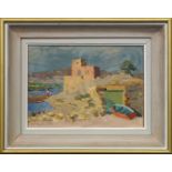 G S Gawley, British 20th century- Beach house overlooking rocky outcrop by sea; oil on board,