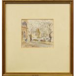 Hugh McKenzie, British 1909-2005- Tree-lined square; watercolour, signed, 9x10cm: together with