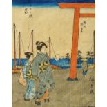 After Hiroshige, A view of Geisha with a seascape behind, possibly from the series Fifty Three Views