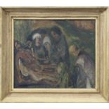 Henry Haig, British 1930-2007- The Lamentation of Christ; oil on board, signed, 35.7x42.5cm (may