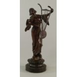 A French bronze model of a girl playing a lyre, late 19th century, on a marble socle, 20.5cm high