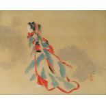 A Japanese painting of a Geisha girl, signed and sealed to bottom right, watercolour on paper,