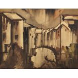 Mid 20th Century- Canal scene with boatmen at dusk; watercolour, 51x65cm: Early-Mid 20th Century-