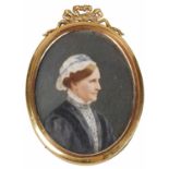 British School, mid/late 19th century- Portrait of a lady in a bonnet; watercolour, oval, 7.5x6cm