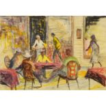 Margaret Graeme Niven ROI NS, British 1906-1997- Street scene with figures sitting at a table; mixed