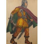 A theatre design, gouache, A. Padakobs, 1919, depicting a warrior in tunic and cape, with sword