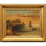 British School, mid-late 20th century- Coastal scene with figures and castle beyond; oil on panel,