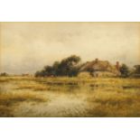 Curtis Daussaut, British 1889-1903- Cottage near cattle grazing marshes; watercolour, signed and